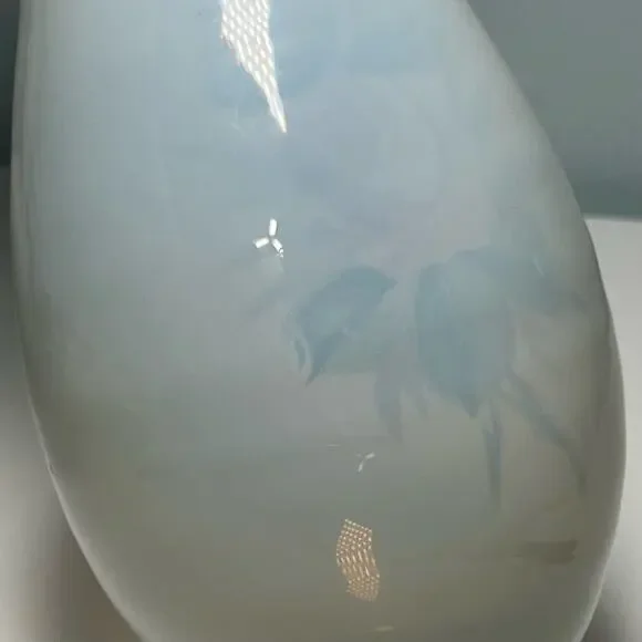 Vintage 40s White Opaline Glass Hand Painted Vase Blown Art Glass Floral - Picture 9 of 12
